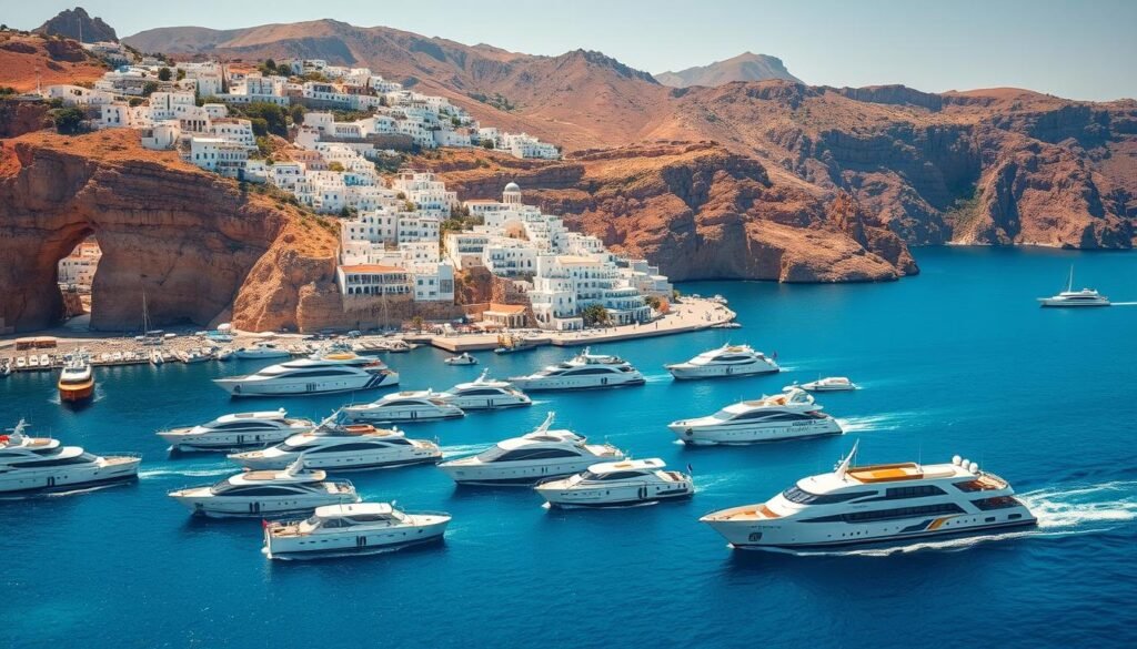 A stunning seascape of ferries gracefully gliding across the azure waters of a Greek island harbor. The foreground features a fleet of sleek, modern ferries in various vibrant colors, their hulls reflecting the warm Mediterranean sunlight. In the middle ground, towering white-washed buildings cascade down the hillsides, their iconic blue-domed roofs complementing the vibrant hues of the boats. The background is dominated by rugged, sun-drenched cliffs and mountains, creating a dramatic and picturesque setting. The entire scene is bathed in a soft, golden glow, evoking a sense of tranquility and island adventure. Captured with a wide-angle lens to showcase the breathtaking scale and grandeur of this island hopping paradise.