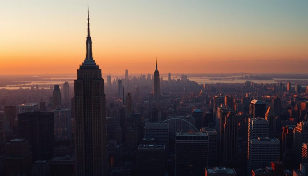 A stunning skyline view of New York City, captured from the iconic Top of the Rock observation deck. In the foreground, the iconic silhouette of the Empire State Building rises majestically, its art deco spire piercing the sky. In the middle ground, a tapestry of skyscrapers and high-rises stretch out, their glass facades shimmering in the warm, golden light of the setting sun. In the distant background, the silhouettes of other famous landmarks, such as the Chrysler Building and the Statue of Liberty, can be seen faintly on the horizon. The scene is bathed in a soft, romantic glow, creating an atmosphere of awe and wonder, perfectly capturing the essence of New York's unparalleled urban grandeur.