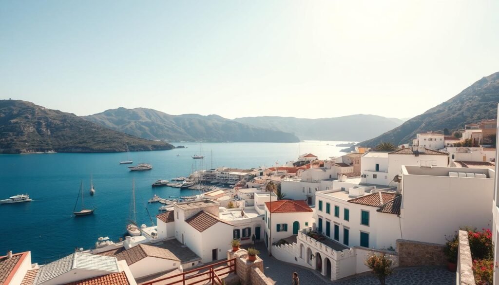 A stunning, sun-drenched vista of the picturesque island of Hydra, Greece. In the foreground, the quaint whitewashed houses and cobblestone streets of the island's main town, with their characteristic Cycladic architecture. In the middle ground, the azure waters of the Aegean Sea, dotted with traditional Greek fishing boats and yachts. In the background, the rugged, mountainous terrain of the island, its slopes covered in lush, verdant vegetation. The scene is bathed in warm, golden light, creating a serene and enchanting atmosphere. The image is captured through a wide-angle lens, emphasizing the breathtaking panoramic views that Hydra has to offer.