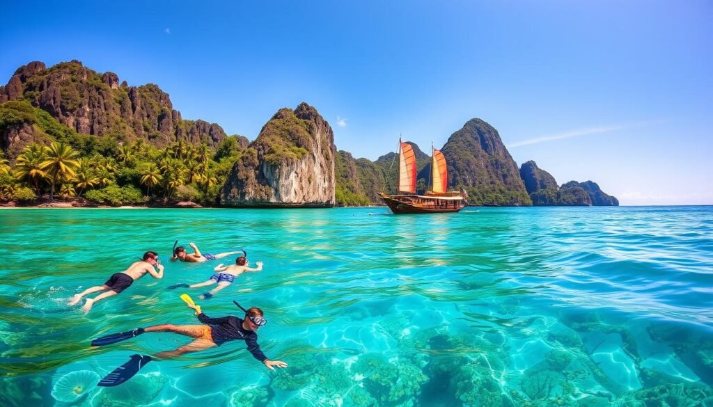 A stunning tropical bay with crystal-clear turquoise waters, surrounded by towering limestone cliffs and lush palm trees. In the foreground, a group of snorkelers explore the vibrant coral reef, their movements creating gentle ripples on the surface. The sun's rays filter through the water, illuminating the diverse marine life below. In the middle ground, a traditional long-tail boat gently drifts, its wooden hull and colorful sails complementing the natural beauty of the scene. The background features the iconic silhouette of Koh Phi Phi's dramatic skyline, with its iconic twin peaks reaching towards the azure sky. The overall atmosphere is one of tranquility, adventure, and a deep connection with the natural wonders of Thailand's tropical paradise.
