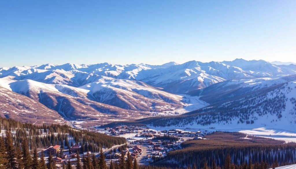 A stunning vista of Vail's majestic mountain range, bathed in the warm glow of a winter afternoon sun. In the foreground, snow-capped peaks tower above a tranquil alpine village, its charming chalets and boutiques nestled between towering pines. The middle ground reveals a network of ski runs, their pristine white slopes beckoning adventurous skiers. In the distance, the rugged terrain of the Back Bowls stretches out, its untamed beauty a testament to the raw power of nature. Crisp, clean lighting accentuates the contrast between the vibrant blues of the sky and the crisp, white snow, creating a scene of breathtaking serenity and grandeur. A stunning vista of Vail's majestic mountain range, bathed in the warm glow of a winter afternoon sun. In the foreground, snow-capped peaks tower above a tranquil alpine village, its charming chalets and boutiques nestled between towering pines. The middle ground reveals a network of ski runs, their pristine white slopes beckoning adventurous skiers. In the distance, the rugged terrain of the Back Bowls stretches out, its untamed beauty a testament to the raw power of nature. Crisp, clean lighting accentuates the contrast between the vibrant blues of the sky and the crisp, white snow, creating a scene of breathtaking serenity and grandeur.