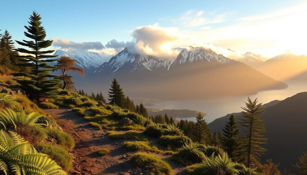 A stunning vista of a lush, verdant hiking trail winding through the majestic landscapes of New Zealand. In the foreground, a rugged, well-trodden path leads the way, flanked by vibrant ferns and towering fern trees. The middle ground features towering, snow-capped peaks, their jagged silhouettes framed by wispy clouds illuminated by warm, golden sunlight. In the distance, a shimmering lake reflects the grandeur of the surrounding mountain ranges, creating a serene and awe-inspiring scene. The entire composition is imbued with a sense of tranquility and adventure, perfectly capturing the allure of hiking in New Zealand. A stunning vista of a lush, verdant hiking trail winding through the majestic landscapes of New Zealand. In the foreground, a rugged, well-trodden path leads the way, flanked by vibrant ferns and towering fern trees. The middle ground features towering, snow-capped peaks, their jagged silhouettes framed by wispy clouds illuminated by warm, golden sunlight. In the distance, a shimmering lake reflects the grandeur of the surrounding mountain ranges, creating a serene and awe-inspiring scene. The entire composition is imbued with a sense of tranquility and adventure, perfectly capturing the allure of hiking in New Zealand.