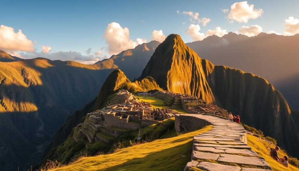 A stunning vista of the ancient Inca citadel of Machu Picchu, perched atop a lush, verdant mountain in the Sacred Valley of Peru. The iconic stone structures stand in harmonious contrast against the dramatic Andean peaks in the background, bathed in warm, golden sunlight. In the foreground, a winding stone path leads visitors through the archaeological site, inviting exploration and discovery. The scene exudes a sense of timeless wonder and tranquility, capturing the essence of this remarkable UNESCO World Heritage Site. Capture the majesty of Machu Picchu, a testament to the ingenuity and resilience of the Inca civilization.