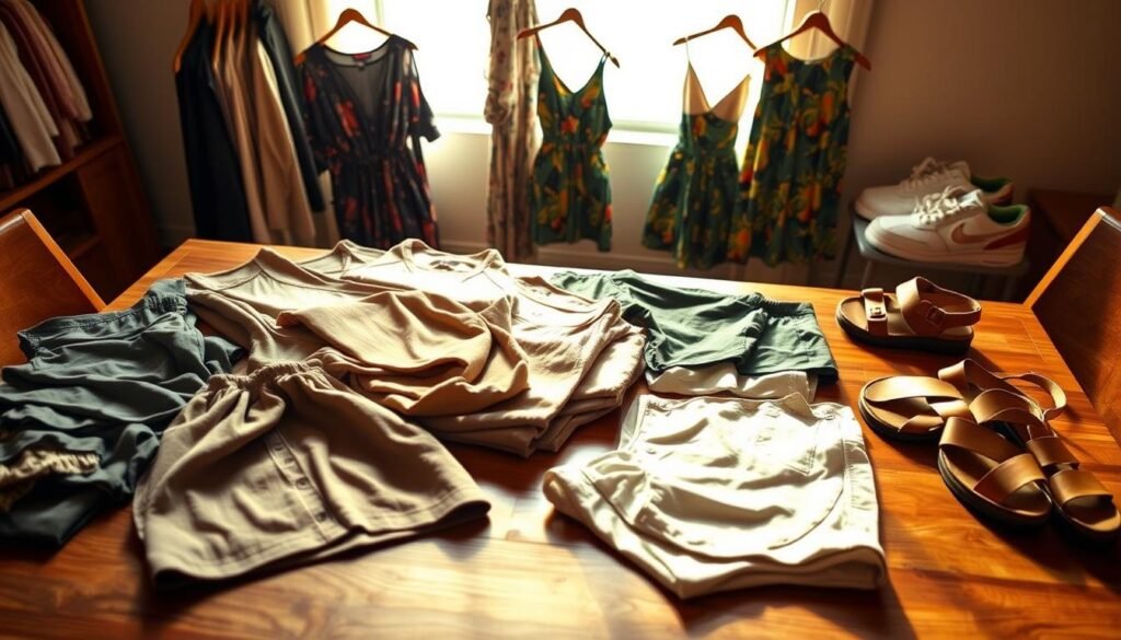 A stylish assortment of clothing items neatly arranged on a wooden table, bathed in warm, soft lighting. In the foreground, a selection of casual yet chic tops, pants, and shorts in muted earth tones and natural fabrics. In the middle ground, a few versatile dresses and skirts in vibrant tropical patterns. In the background, a set of comfortable walking shoes and sandals, ideal for exploring the city streets. The overall composition conveys a sense of effortless, laid-back fashion that would be perfect for a trip to the sunny, vibrant city of Singapore.