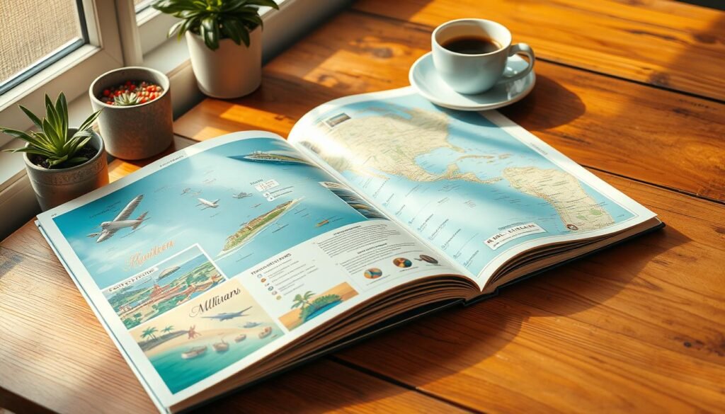 A stylish travel planning guide book lying open on a wooden table, showcasing beautiful illustrations of Caribbean islands and beaches. The pages are filled with detailed maps, itinerary suggestions, and travel tips. Warm, natural lighting casts a soft glow, with a few potted plants and a cup of coffee nearby, creating a cozy, inspirational atmosphere. The overall composition has a vintage, editorial feel, encouraging the viewer to plan their dream Caribbean getaway.