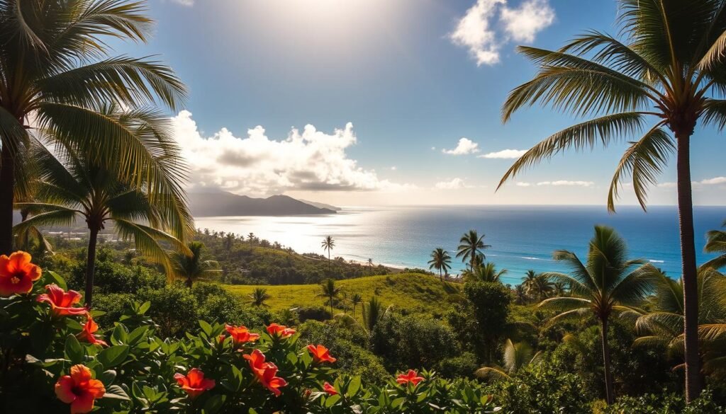 A sun-dappled Hawaiian landscape, with swaying palm trees and a gentle ocean breeze. In the foreground, colorful tropical flora such as hibiscus and plumeria blossoms sway in the trade winds. The middle ground features a lush, verdant hillside dotted with wispy clouds and shafts of warm, golden light filtering through. In the distance, a glistening azure ocean stretches out, with the silhouettes of distant islands hazy on the horizon. The overall scene conveys the tranquil, idyllic atmosphere of the Hawaiian islands, where the weather is a constant companion in daily life. A sun-dappled Hawaiian landscape, with swaying palm trees and a gentle ocean breeze. In the foreground, colorful tropical flora such as hibiscus and plumeria blossoms sway in the trade winds. The middle ground features a lush, verdant hillside dotted with wispy clouds and shafts of warm, golden light filtering through. In the distance, a glistening azure ocean stretches out, with the silhouettes of distant islands hazy on the horizon. The overall scene conveys the tranquil, idyllic atmosphere of the Hawaiian islands, where the weather is a constant companion in daily life.