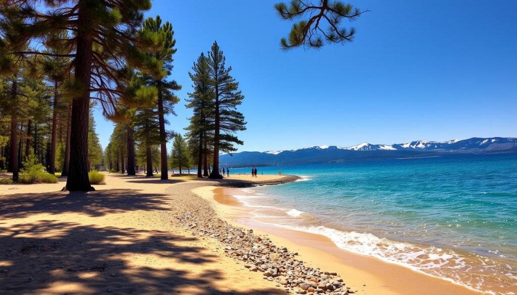 A sun-dappled beach along the crystalline shores of Lake Tahoe, California. In the foreground, golden sand and smooth pebbles lead to the shimmering azure waters, lapping gently at the shore. Towering pine trees line the middle ground, their verdant boughs casting warm, dappled shadows. In the distance, the majestic Sierra Nevada mountains rise, their snow-capped peaks glinting under a brilliant summer sky. A light, refreshing breeze ruffles the surface of the lake, creating dancing patterns of light and shadow. Beachgoers stroll along the water's edge, enjoying the serene beauty of this iconic lakeside destination.