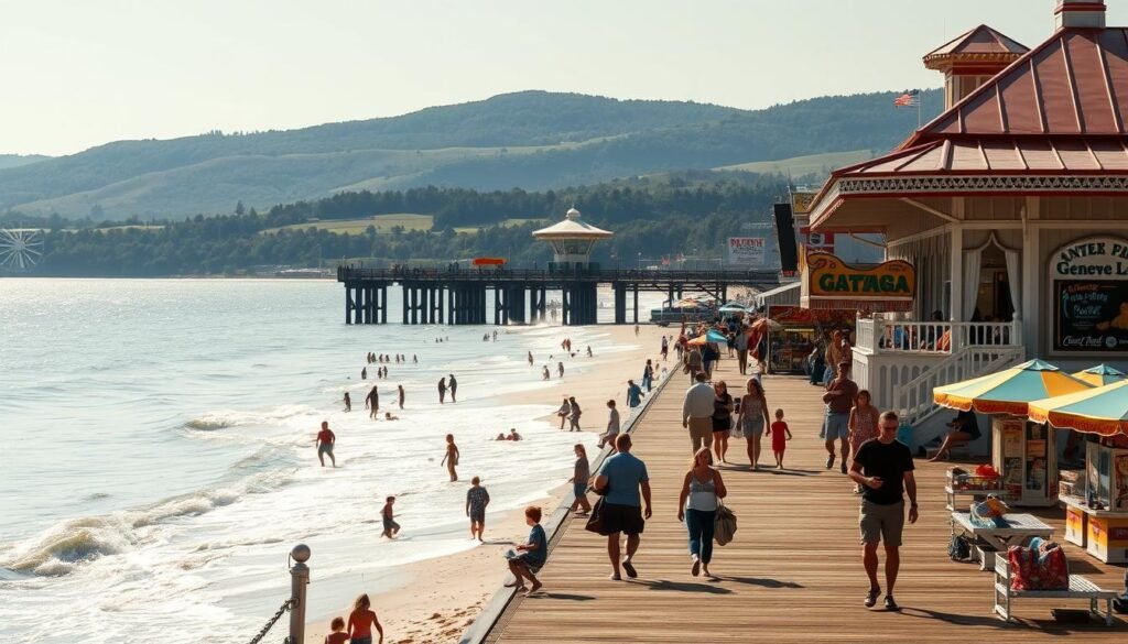A sun-dappled boardwalk stretches along the shores of Lake Erie, framed by a retro-style pavilion and quaint amusement park rides. In the foreground, families stroll past colorful beach umbrellas and lively concession stands, while children play in the gentle waves. The middle ground showcases the iconic Geneva-on-the-Lake pier, its wooden planks and railings silhouetted against the sparkling water. In the background, rolling hills and lush greenery create a serene, nostalgic backdrop, evoking the timeless charm of this classic lakeside destination. The scene is bathed in warm, golden light, capturing the carefree, summertime energy of this beloved Ohio beach town.