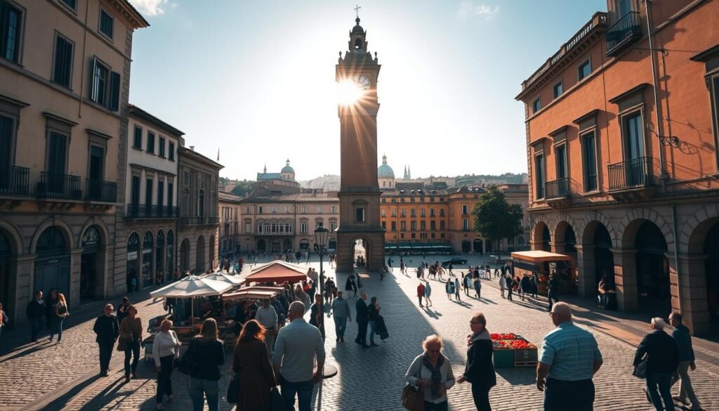 A sun-dappled clock tower stands tall, casting intricate shadows on the cobblestoned plaza below. The scene is bathed in a warm, golden light, evoking the timeless charm of a historic Spanish city. In the foreground, a group of locals and tourists mingle, pausing to admire the architectural marvel and soak in the rhythmic passage of time. The middle ground features a bustling marketplace, where vendors offer a vibrant array of local produce and crafts, creating a lively, authentic atmosphere. In the background, the city's iconic landmarks peek out, hinting at the rich cultural heritage waiting to be explored. This image captures the essence of Spain's enduring allure, where the past and present coexist in a captivating dance of time.