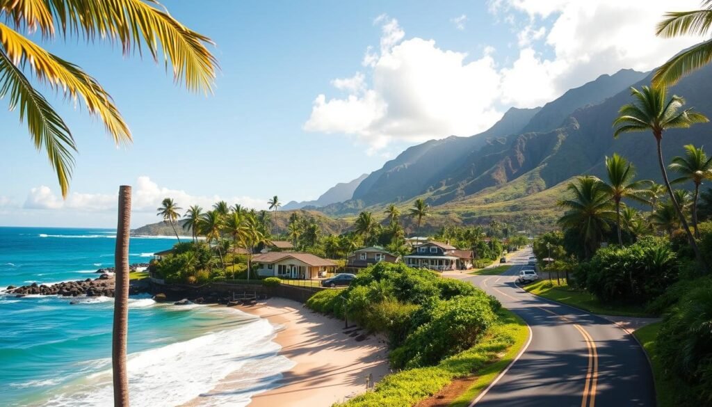 A sun-dappled coastal road winds through the lush, verdant landscapes of Oahu's North Shore. In the foreground, the gentle lapping of turquoise waves against pristine sandy beaches sets a serene, picturesque mood. Towering palm trees sway in the soft, island breeze, casting delicate shadows across the scene. In the middle ground, traditional North Shore architecture - low-slung bungalows and charming surf shops - dot the shoreline, exuding a quaint, small-town charm. The background is dominated by the dramatic, rugged silhouettes of volcanic mountains, their slopes blanketed in a verdant tapestry of tropical foliage. The overall atmosphere evokes a sense of laid-back island living, with a focus on the area's renowned surf culture, fresh local cuisine, and natural splendor. A sun-dappled coastal road winds through the lush, verdant landscapes of Oahu's North Shore. In the foreground, the gentle lapping of turquoise waves against pristine sandy beaches sets a serene, picturesque mood. Towering palm trees sway in the soft, island breeze, casting delicate shadows across the scene. In the middle ground, traditional North Shore architecture - low-slung bungalows and charming surf shops - dot the shoreline, exuding a quaint, small-town charm. The background is dominated by the dramatic, rugged silhouettes of volcanic mountains, their slopes blanketed in a verdant tapestry of tropical foliage. The overall atmosphere evokes a sense of laid-back island living, with a focus on the area's renowned surf culture, fresh local cuisine, and natural splendor.