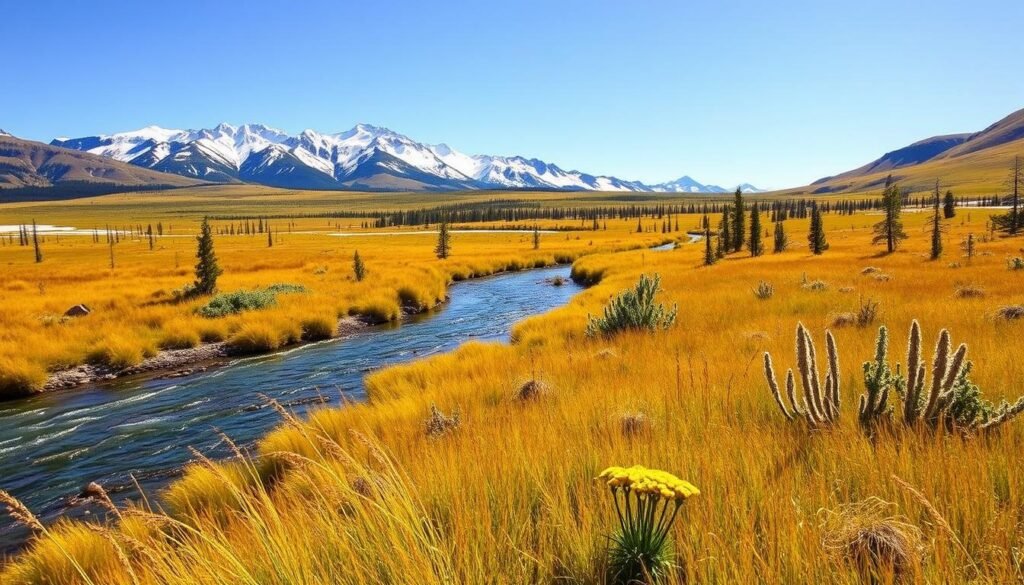 A sun-dappled meadow in Yellowstone National Park, with vibrant golden grasses and wildflowers swaying in a gentle breeze. In the background, majestic snow-capped peaks rise against a cloudless azure sky. A winding river cuts through the foreground, its crystal-clear waters reflecting the surrounding natural beauty. The scene is bathed in warm, golden light, creating a serene and idyllic atmosphere. A classic Yellowstone landscape, capturing the essence of the park during its peak season. A sun-dappled meadow in Yellowstone National Park, with vibrant golden grasses and wildflowers swaying in a gentle breeze. In the background, majestic snow-capped peaks rise against a cloudless azure sky. A winding river cuts through the foreground, its crystal-clear waters reflecting the surrounding natural beauty. The scene is bathed in warm, golden light, creating a serene and idyllic atmosphere. A classic Yellowstone landscape, capturing the essence of the park during its peak season.