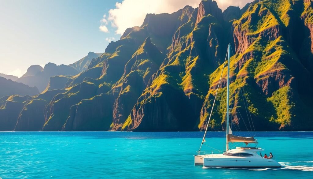 A sun-dappled panorama of the majestic Nāpali Coast, Kauai's iconic natural wonder. In the foreground, a sleek catamaran glides across the turquoise waters, its sails billowing in the gentle breeze. Towering sea cliffs, adorned with lush, verdant vegetation, rise majestically in the middle ground, their jagged peaks casting dramatic shadows across the scene. In the background, a kaleidoscope of vibrant hues - the azure sky, the emerald forests, the sapphire sea - create a breathtaking natural symphony. The image is bathed in warm, golden light, evoking a sense of adventure and serenity, perfectly capturing the essence of a Nāpali Coast boat tour.