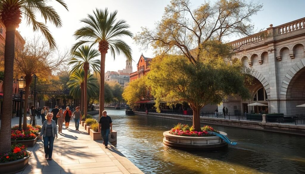 A sun-dappled promenade along the San Antonio River Walk, lined with lush palm trees and vibrant flower beds. In the foreground, people stroll leisurely, taking in the sights and sounds of this iconic urban oasis. The middle ground features historic Spanish-style buildings and restaurants, their warm ochre hues reflecting in the gently flowing waters. In the background, the graceful arches of stone bridges span the river, casting soft shadows on the scene. Warm, golden light bathes the entire setting, creating a tranquil and inviting atmosphere perfect for a mild winter day's exploration. A sun-dappled promenade along the San Antonio River Walk, lined with lush palm trees and vibrant flower beds. In the foreground, people stroll leisurely, taking in the sights and sounds of this iconic urban oasis. The middle ground features historic Spanish-style buildings and restaurants, their warm ochre hues reflecting in the gently flowing waters. In the background, the graceful arches of stone bridges span the river, casting soft shadows on the scene. Warm, golden light bathes the entire setting, creating a tranquil and inviting atmosphere perfect for a mild winter day's exploration.