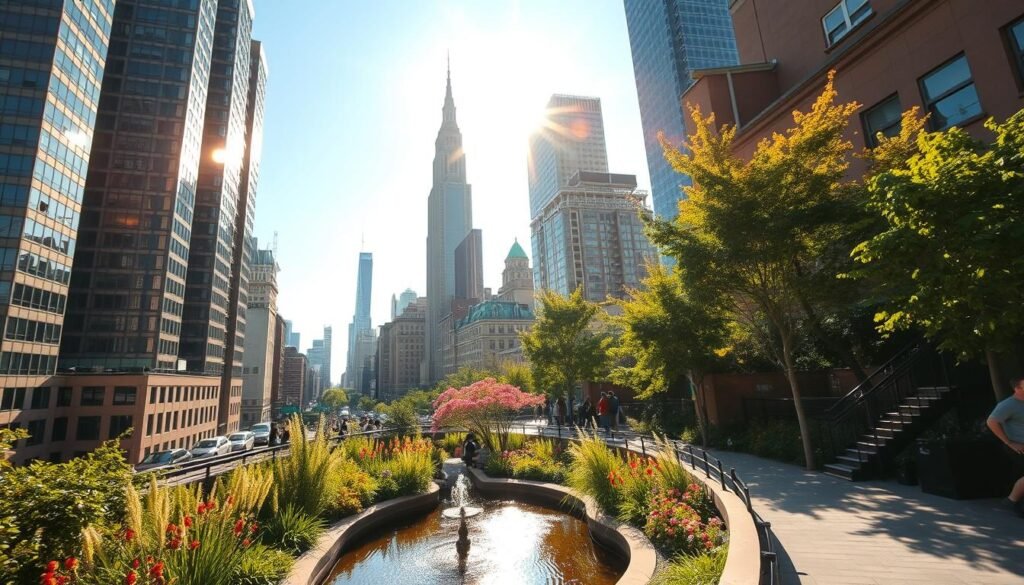 A sun-dappled scene of New York's High Line park, an elevated oasis of greenery and winding paths. Towering skyscrapers frame the foreground, their reflections shimmering in a tranquil water feature. Lush landscaping, including vibrant flowers and verdant trees, lines the walkway, creating an inviting, family-friendly atmosphere. The scene is bathed in warm, golden light, casting a serene, relaxed mood. The camera's wide-angle lens captures the park's expansive layout, showcasing its unique, elevated design and breathtaking city views. This image perfectly captures the enchanting, urban outdoor experience that the High Line and nearby Little Island offer families. A sun-dappled scene of New York's High Line park, an elevated oasis of greenery and winding paths. Towering skyscrapers frame the foreground, their reflections shimmering in a tranquil water feature. Lush landscaping, including vibrant flowers and verdant trees, lines the walkway, creating an inviting, family-friendly atmosphere. The scene is bathed in warm, golden light, casting a serene, relaxed mood. The camera's wide-angle lens captures the park's expansive layout, showcasing its unique, elevated design and breathtaking city views. This image perfectly captures the enchanting, urban outdoor experience that the High Line and nearby Little Island offer families.