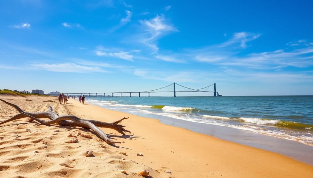 A sun-dappled stretch of Charleston's golden beaches, with gentle waves lapping against the shoreline. In the foreground, sun-bleached driftwood and seashells dot the soft, powdery sand. The middle ground features beachgoers strolling along the water's edge, their laughter and conversation carried on the warm, salty breeze. In the distance, the iconic Arthur Ravenel Jr. Bridge rises gracefully, framing the scene with its distinctive arches. The sky is a brilliant blue, with a few wispy clouds drifting overhead, casting soft shadows on the tranquil waters. The overall atmosphere is one of relaxation and the late-summer glow that Charleston is known for. A sun-dappled stretch of Charleston's golden beaches, with gentle waves lapping against the shoreline. In the foreground, sun-bleached driftwood and seashells dot the soft, powdery sand. The middle ground features beachgoers strolling along the water's edge, their laughter and conversation carried on the warm, salty breeze. In the distance, the iconic Arthur Ravenel Jr. Bridge rises gracefully, framing the scene with its distinctive arches. The sky is a brilliant blue, with a few wispy clouds drifting overhead, casting soft shadows on the tranquil waters. The overall atmosphere is one of relaxation and the late-summer glow that Charleston is known for.