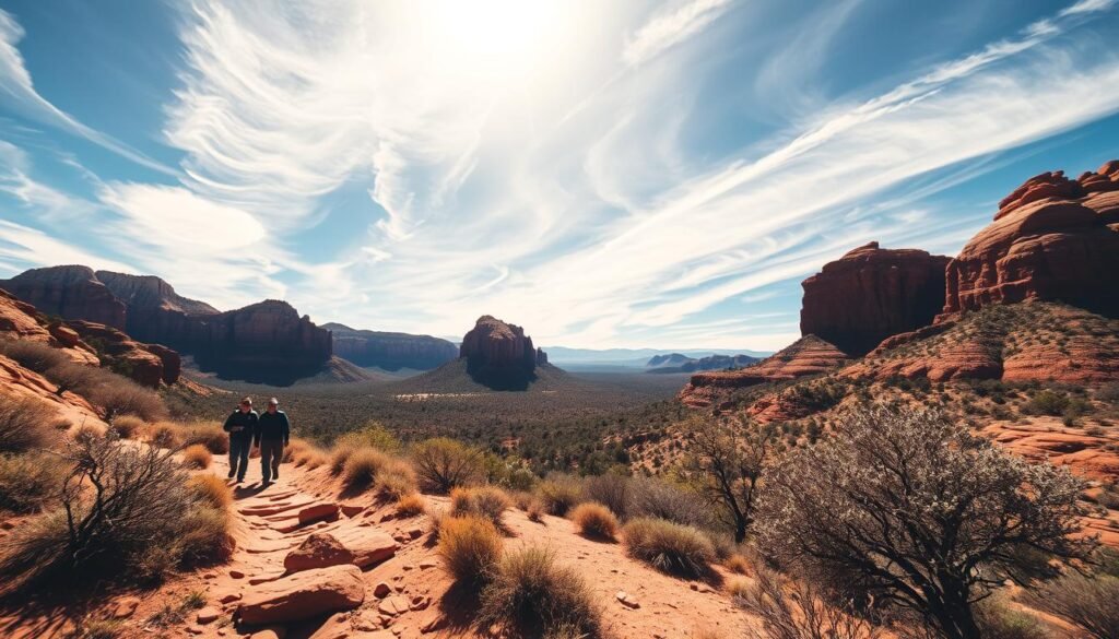 A sun-dappled trail winds through the crimson sandstone formations of Sedona, Arizona. In the foreground, hikers traverse the rugged path, their silhouettes casting long shadows. Majestic red rock buttes rise in the middle ground, their surfaces textured with swirling patterns. In the distance, the mystical energy of the vortex is palpable, as a warm, gentle breeze carries the scent of desert sage. The sky is a breathtaking azure, dotted with wispy cirrus clouds that cast a soft, diffused light over the serene desert landscape. A medium-wide angle lens captures the grandeur of this sacred place, inviting the viewer to feel the restorative power of Sedona's natural wonders.