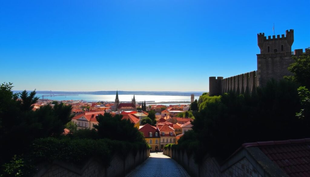 A sun-dappled view of São Jorge Castle, its ancient stone walls and towers silhouetted against a clear blue sky. In the foreground, a winding cobblestone path leads through the charming Alfama district, its colorful buildings and tiled facades framed by lush greenery. The middle ground reveals the iconic red roofs and church spires of historic Lisbon, while in the distance, the shimmering Tagus River flows serenely. The scene is bathed in a warm, golden light, creating a sense of timeless beauty and tranquility. Capture the essence of this beloved Lisbon landmark and its picturesque surrounding neighborhood.