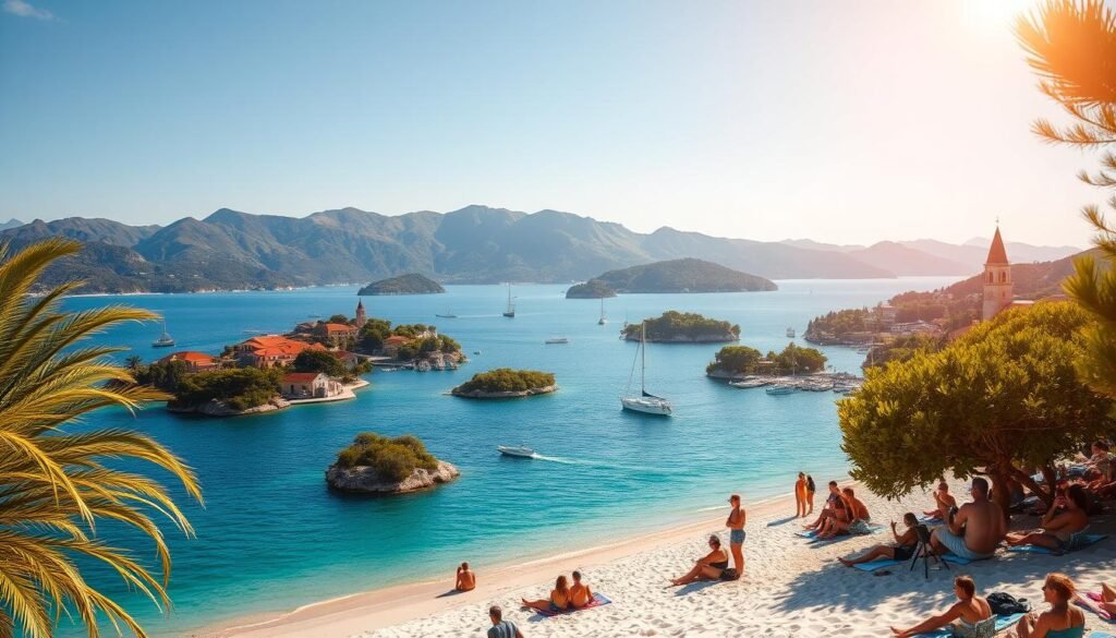 A sun-drenched Adriatic coastline with verdant islands dotting the turquoise waters. In the foreground, a secluded beach with white sand and swaying palm trees. Beachgoers relax on colorful towels, listening to the soothing sounds of an acoustic guitar. In the middle ground, a picturesque harbor town with red-roofed houses and a medieval church steeple. Sailboats and yachts gently bob in the calm sea. Beyond, the rolling hills of the Dalmatian hinterland rise up, cloaked in lush Mediterranean foliage. Warm, golden light bathes the entire scene, creating a vibrant, summery atmosphere. A sun-drenched Adriatic coastline with verdant islands dotting the turquoise waters. In the foreground, a secluded beach with white sand and swaying palm trees. Beachgoers relax on colorful towels, listening to the soothing sounds of an acoustic guitar. In the middle ground, a picturesque harbor town with red-roofed houses and a medieval church steeple. Sailboats and yachts gently bob in the calm sea. Beyond, the rolling hills of the Dalmatian hinterland rise up, cloaked in lush Mediterranean foliage. Warm, golden light bathes the entire scene, creating a vibrant, summery atmosphere.