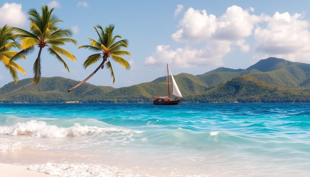 A sun-drenched Caribbean beach in August, azure waters lapping against pristine white sand. In the foreground, gentle waves caress the shore, revealing glimpses of vibrant coral and tropical fish. Towering palm trees sway gently in the warm island breeze, their fronds casting dappled shadows on the tranquil scene. In the middle ground, a traditional wooden sailboat drifts lazily, its billowing sails catching the trade winds. The background is a panoramic vista of lush, verdant hills rolling towards the horizon, their slopes dotted with colorful hibiscus blooms. Soft, golden light bathes the entire landscape, creating a mood of relaxation and rejuvenation. A sun-drenched Caribbean beach in August, azure waters lapping against pristine white sand. In the foreground, gentle waves caress the shore, revealing glimpses of vibrant coral and tropical fish. Towering palm trees sway gently in the warm island breeze, their fronds casting dappled shadows on the tranquil scene. In the middle ground, a traditional wooden sailboat drifts lazily, its billowing sails catching the trade winds. The background is a panoramic vista of lush, verdant hills rolling towards the horizon, their slopes dotted with colorful hibiscus blooms. Soft, golden light bathes the entire landscape, creating a mood of relaxation and rejuvenation.