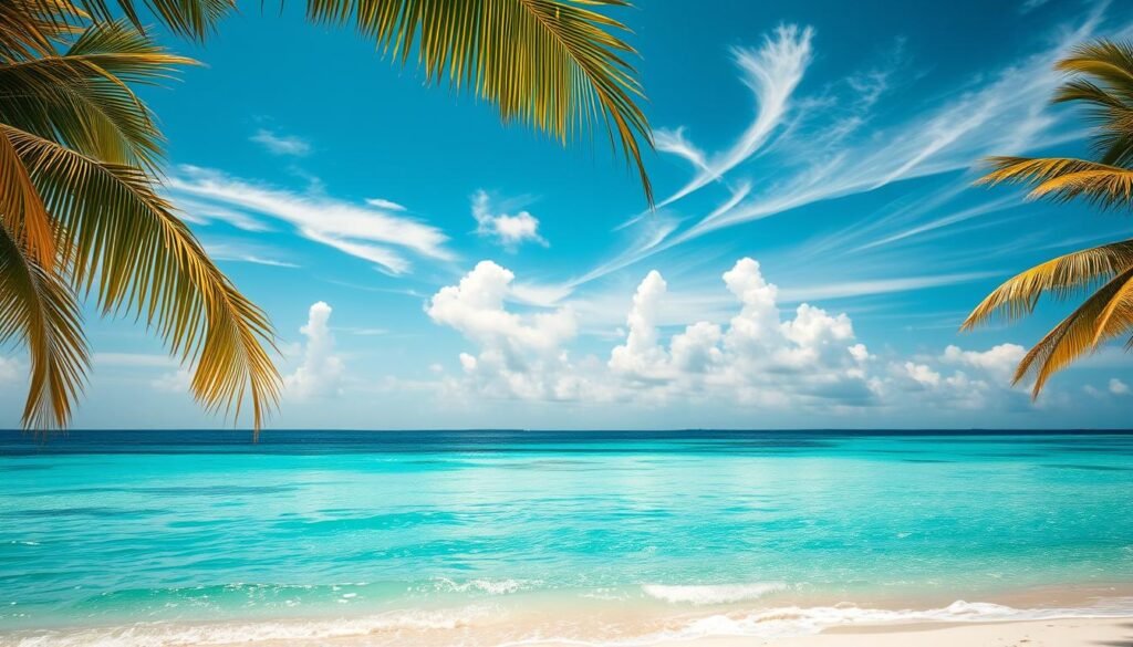 A sun-drenched Caribbean beach with turquoise waves gently lapping the shore. In the foreground, a palm tree sways in the warm breeze, casting a dappled shadow on the fine white sand. The middle ground features a breathtaking vista of crystal clear water, its surface reflecting the vibrant hues of the sky above. Wispy clouds drift lazily overhead, illuminated by the golden glow of the midday sun. The atmosphere exudes a sense of tranquility and relaxation, inviting the viewer to immerse themselves in the serene island ambiance.