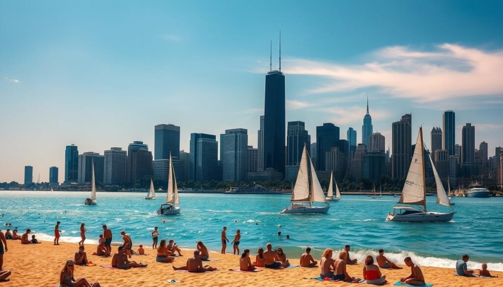 A sun-drenched Chicago skyline rises majestically against a vibrant azure sky, its iconic skyscrapers bathed in the warm glow of a summer afternoon. In the foreground, people frolic on the golden sands of a bustling lakefront beach, laughter and the sounds of music filling the air. Families and friends lounge on colorful towels, cooling off in the refreshing waters of Lake Michigan. Sailboats and yachts glide across the glistening waves, their white sails billowing in the gentle breeze. The scene radiates an atmosphere of carefree joy and celebration, capturing the essence of a perfect summer day in the heart of the Windy City. A sun-drenched Chicago skyline rises majestically against a vibrant azure sky, its iconic skyscrapers bathed in the warm glow of a summer afternoon. In the foreground, people frolic on the golden sands of a bustling lakefront beach, laughter and the sounds of music filling the air. Families and friends lounge on colorful towels, cooling off in the refreshing waters of Lake Michigan. Sailboats and yachts glide across the glistening waves, their white sails billowing in the gentle breeze. The scene radiates an atmosphere of carefree joy and celebration, capturing the essence of a perfect summer day in the heart of the Windy City.