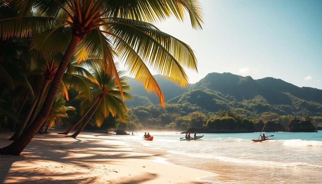 A sun-drenched Costa Rican beach, with gently lapping waves caressing the golden sand. In the foreground, vibrant palm trees sway in the warm tropical breeze, casting dappled shadows on the ground. The middle ground features a group of people enjoying various water sports, from surfing to kayaking, capturing the essence of adventure. In the distance, lush, verdant hills rise up, creating a stunning backdrop to the coastal paradise. The lighting is soft and diffused, creating a warm, inviting atmosphere that evokes a sense of tranquility and relaxation. The overall composition captures the essence of the best time to visit Costa Rica for its breathtaking beaches, abundant wildlife, and thrilling outdoor activities.