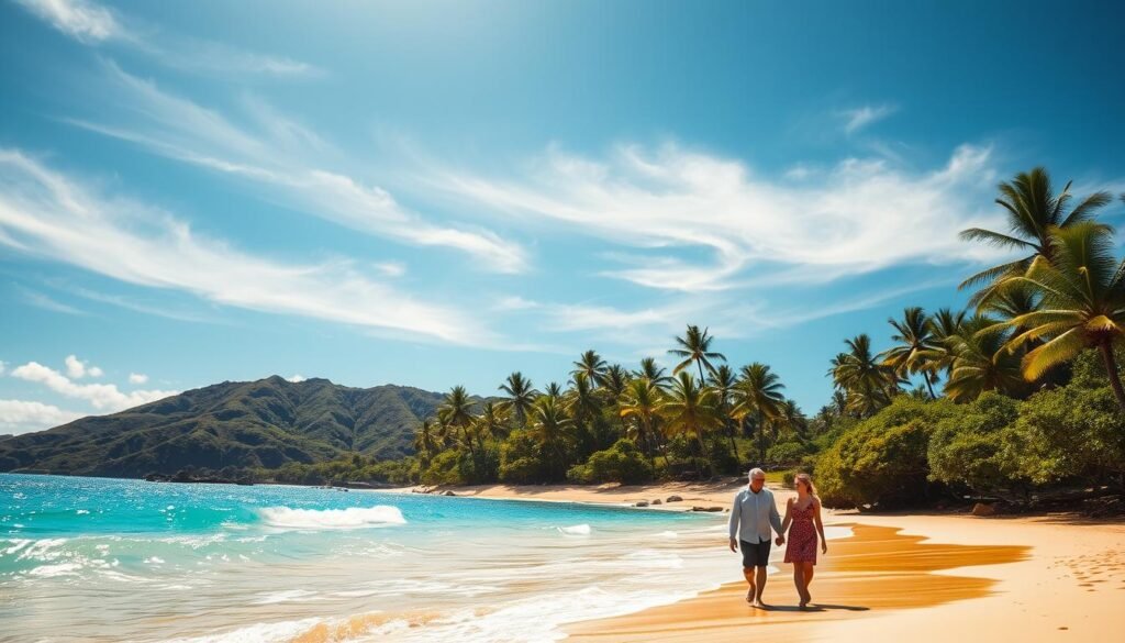 A sun-drenched Hawaiian beach, the crystal-clear turquoise waters lapping gently against the golden sand. Swaying palm trees sway in the gentle breeze, casting soft shadows across the scene. In the foreground, a couple strolls hand-in-hand, enjoying the tranquil atmosphere and the perfect temperature - not too hot, not too cool. The sky is a brilliant azure, dotted with wispy clouds, creating a picturesque landscape. The lighting is warm and inviting, highlighting the vibrant colors of the tropical foliage in the background. This idyllic setting captures the essence of the best time to visit Hawaii, when the weather is ideal, and the crowds are smaller, offering a peaceful and value-packed experience. A sun-drenched Hawaiian beach, the crystal-clear turquoise waters lapping gently against the golden sand. Swaying palm trees sway in the gentle breeze, casting soft shadows across the scene. In the foreground, a couple strolls hand-in-hand, enjoying the tranquil atmosphere and the perfect temperature - not too hot, not too cool. The sky is a brilliant azure, dotted with wispy clouds, creating a picturesque landscape. The lighting is warm and inviting, highlighting the vibrant colors of the tropical foliage in the background. This idyllic setting captures the essence of the best time to visit Hawaii, when the weather is ideal, and the crowds are smaller, offering a peaceful and value-packed experience.
