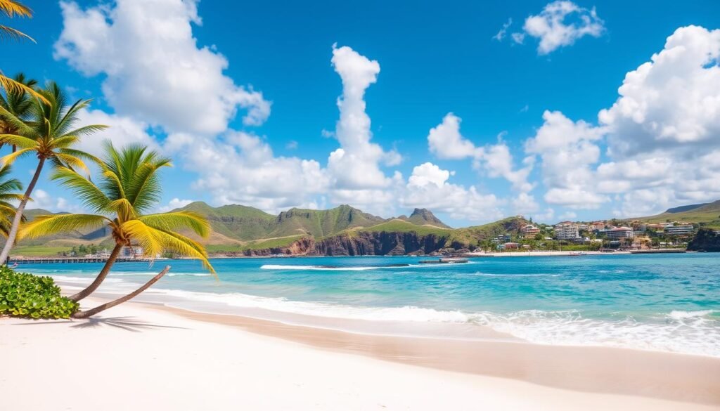 A sun-drenched Hawaiian beach, with pristine white sand and gently lapping turquoise waves. In the foreground, a few palm trees sway in a light breeze, casting soft shadows on the ground. The middle ground features a secluded cove, surrounded by lush, verdant cliffs. In the distance, a picturesque surf town with colorful buildings and a bustling pier. The sky is a vibrant azure, dotted with fluffy white clouds, creating a serene and tranquil atmosphere. The scene is captured through a wide-angle lens, showcasing the expansive beauty of this tropical paradise. A sun-drenched Hawaiian beach, with pristine white sand and gently lapping turquoise waves. In the foreground, a few palm trees sway in a light breeze, casting soft shadows on the ground. The middle ground features a secluded cove, surrounded by lush, verdant cliffs. In the distance, a picturesque surf town with colorful buildings and a bustling pier. The sky is a vibrant azure, dotted with fluffy white clouds, creating a serene and tranquil atmosphere. The scene is captured through a wide-angle lens, showcasing the expansive beauty of this tropical paradise.