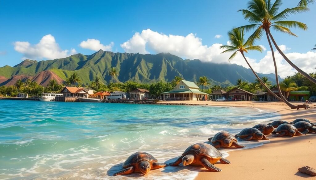 A sun-drenched Hawaiian coastline, crystal-clear waters lapping against a sandy beach, a gentle breeze rustling the swaying palms. In the foreground, a group of playful sea turtles basking on the shore, their shells glistening under the warm tropical light. The middle ground reveals a charming seaside town, its quaint shops and cafes inviting visitors to explore the local culture and cuisine. In the distance, lush green mountains rise majestically, their peaks shrouded in wispy clouds. The scene is imbued with a sense of tranquility and natural wonder, capturing the essence of Maui's captivating North Shore. A sun-drenched Hawaiian coastline, crystal-clear waters lapping against a sandy beach, a gentle breeze rustling the swaying palms. In the foreground, a group of playful sea turtles basking on the shore, their shells glistening under the warm tropical light. The middle ground reveals a charming seaside town, its quaint shops and cafes inviting visitors to explore the local culture and cuisine. In the distance, lush green mountains rise majestically, their peaks shrouded in wispy clouds. The scene is imbued with a sense of tranquility and natural wonder, capturing the essence of Maui's captivating North Shore.