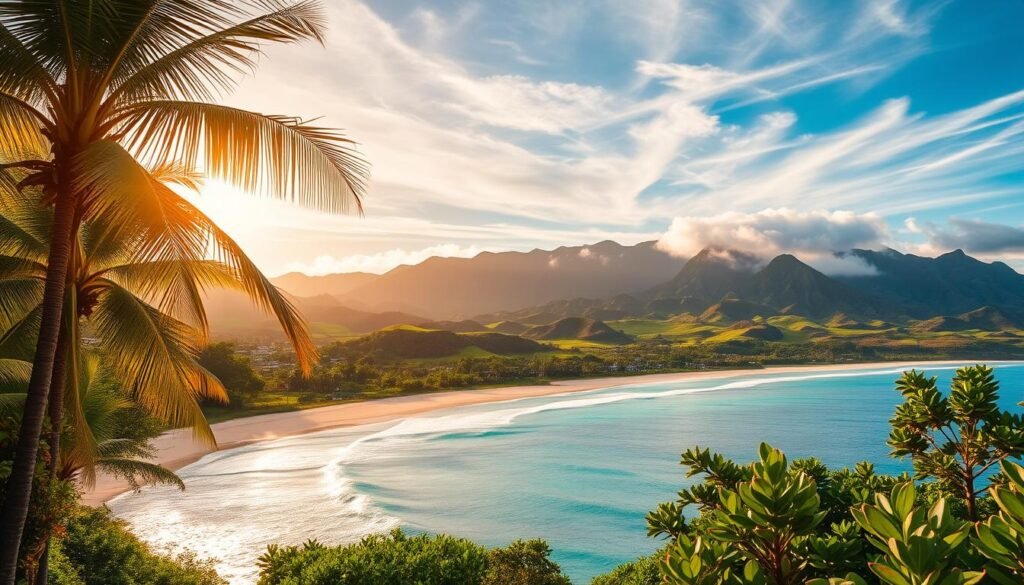 A sun-drenched Hawaiian landscape during the changing of the seasons. In the foreground, swaying palm trees and vibrant tropical foliage set the scene. In the middle ground, a pristine white sand beach stretches out, with gently lapping turquoise waves caressing the shore. In the background, rolling green hills and volcanic peaks rise up, their slopes dusted with lush greenery. The sky is a brilliant azure, with wispy cirrus clouds drifting overhead, casting a warm, golden glow across the entire scene. The overall atmosphere is one of tranquility, natural beauty, and the eternal cycle of the seasons in this island paradise. A sun-drenched Hawaiian landscape during the changing of the seasons. In the foreground, swaying palm trees and vibrant tropical foliage set the scene. In the middle ground, a pristine white sand beach stretches out, with gently lapping turquoise waves caressing the shore. In the background, rolling green hills and volcanic peaks rise up, their slopes dusted with lush greenery. The sky is a brilliant azure, with wispy cirrus clouds drifting overhead, casting a warm, golden glow across the entire scene. The overall atmosphere is one of tranquility, natural beauty, and the eternal cycle of the seasons in this island paradise.