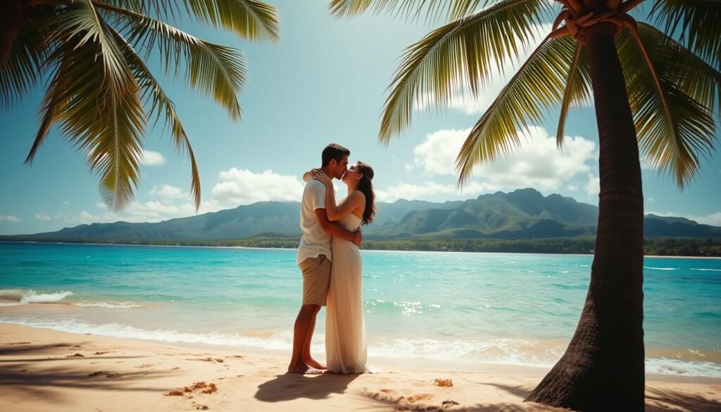 A sun-drenched Maui beach, crystal-clear turquoise waters lapping the golden sands. In the foreground, a couple embracing, lost in a passionate kiss, their silhouettes framed by swaying palm trees. The middle ground reveals a lush tropical landscape, verdant mountains rising in the distance. Soft, diffused lighting bathes the scene in a warm, romantic glow. A wide-angle lens captures the expansive vista, showcasing the island's natural beauty and the intimate moment between the lovers. The overall mood is one of blissful serenity, a serene and idyllic honeymoon setting. A sun-drenched Maui beach, crystal-clear turquoise waters lapping the golden sands. In the foreground, a couple embracing, lost in a passionate kiss, their silhouettes framed by swaying palm trees. The middle ground reveals a lush tropical landscape, verdant mountains rising in the distance. Soft, diffused lighting bathes the scene in a warm, romantic glow. A wide-angle lens captures the expansive vista, showcasing the island's natural beauty and the intimate moment between the lovers. The overall mood is one of blissful serenity, a serene and idyllic honeymoon setting.