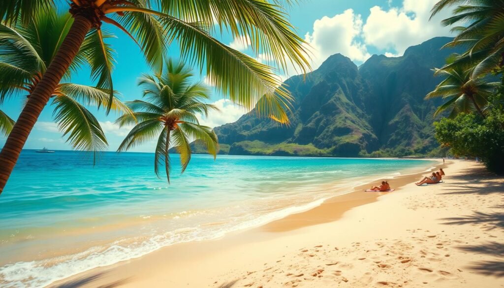 A sun-drenched Maui beach with crystal-clear turquoise waters lapping gently against the golden sand. In the foreground, lush palm trees sway in the gentle breeze, casting dappled shadows on the beach. In the middle ground, beachgoers lounge on colorful towels, enjoying the tranquil scene. The background features a dramatic, mountainous landscape with lush green vegetation, creating a picturesque tropical paradise. The image is captured with a wide-angle lens, showcasing the expansive beauty of this idyllic Hawaiian setting. The lighting is soft and natural, creating a warm, inviting atmosphere. A sun-drenched Maui beach with crystal-clear turquoise waters lapping gently against the golden sand. In the foreground, lush palm trees sway in the gentle breeze, casting dappled shadows on the beach. In the middle ground, beachgoers lounge on colorful towels, enjoying the tranquil scene. The background features a dramatic, mountainous landscape with lush green vegetation, creating a picturesque tropical paradise. The image is captured with a wide-angle lens, showcasing the expansive beauty of this idyllic Hawaiian setting. The lighting is soft and natural, creating a warm, inviting atmosphere.