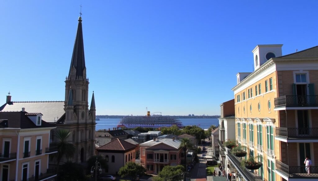A sun-drenched New Orleans cityscape, the iconic St. Louis Cathedral standing tall in the foreground, its ornate Gothic architecture bathed in warm light. In the middle ground, colorful Creole-style townhouses line the streets, their balconies adorned with wrought-iron railings. The background features the mighty Mississippi River, its waters shimmering under a clear blue sky, with paddle steamers gently cruising along. The atmosphere exudes the vibrant, soulful energy of this historic Southern city, inviting the viewer to explore its rich cultural tapestry of music, cuisine, and joie de vivre.
