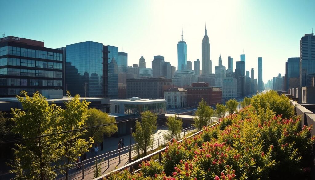 A sun-drenched New York City skyline, with the iconic High Line park weaving gracefully through the cityscape. In the foreground, lush greenery and vibrant flora line the elevated walkway, inviting visitors to stroll and admire the panoramic views of the Hudson River and the bustling streets below. The middle ground features the sleek, modern architecture of Hudson Yards, its gleaming glass and steel structures contrasting with the historic buildings that dot the landscape. In the background, the towering skyscrapers of Manhattan's Financial District stand tall, their windows reflecting the warm, golden light of the afternoon. The scene evokes a sense of tranquility and urban renewal, a unique and captivating experience for anyone exploring the city.