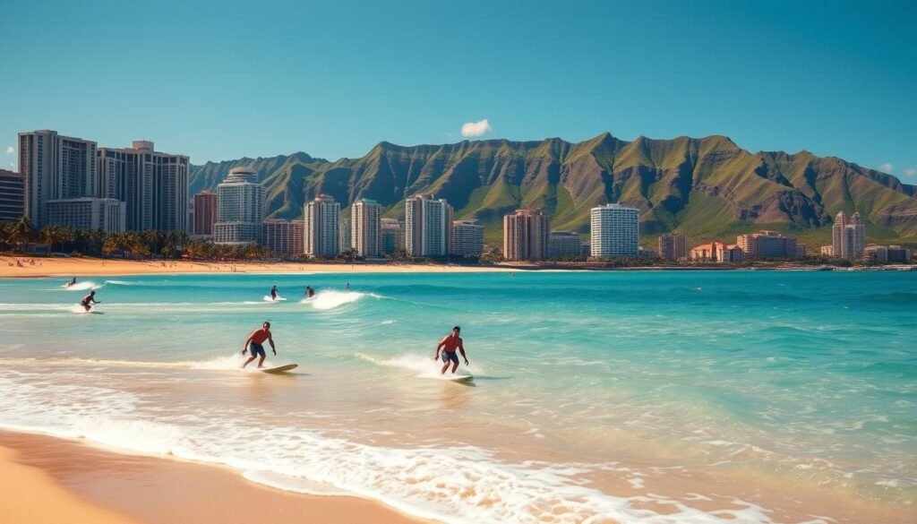 A sun-drenched Waikiki beach, with gentle waves lapping at the golden sands. In the foreground, a group of surfers skillfully riding the azure waters, their silhouettes captured in mid-motion. The middle ground showcases the iconic skyline of Honolulu, its high-rise hotels and lush palm trees framing the scene. In the background, the verdant green of the volcanic mountains provides a dramatic backdrop, their slopes glistening under the warm Hawaiian sun. The overall atmosphere is one of relaxation and celebration, capturing the essence of a tropical paradise. A sun-drenched Waikiki beach, with gentle waves lapping at the golden sands. In the foreground, a group of surfers skillfully riding the azure waters, their silhouettes captured in mid-motion. The middle ground showcases the iconic skyline of Honolulu, its high-rise hotels and lush palm trees framing the scene. In the background, the verdant green of the volcanic mountains provides a dramatic backdrop, their slopes glistening under the warm Hawaiian sun. The overall atmosphere is one of relaxation and celebration, capturing the essence of a tropical paradise.