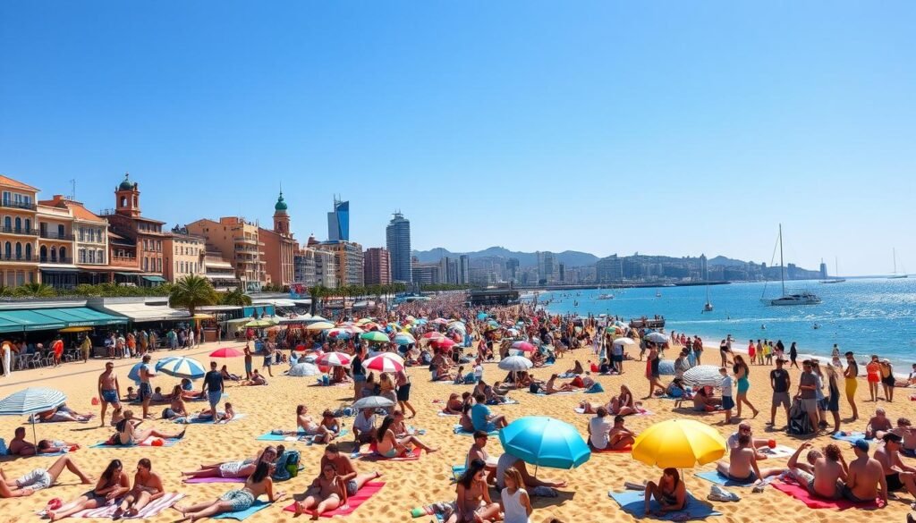 A sun-drenched afternoon on the golden sands of Barceloneta Beach, Barcelona. In the foreground, a vibrant crowd of sun-seekers sprawl on colorful beach towels, lively conversations and laughter filling the air. The middle ground features a bustling promenade lined with charming seafood restaurants and lively beachfront bars, their umbrellas and canopies casting playful shadows. In the background, the iconic skyline of Barcelona rises, its distinct architectural silhouettes framed against a vivid azure sky, punctuated by the graceful sails of yachts gliding across the glistening Mediterranean waters. The scene is infused with a captivating blend of relaxation, energy, and the quintessential Mediterranean joie de vivre.