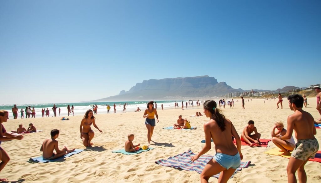 A sun-drenched beach in Cape Town, South Africa, with people engaged in a variety of activities. In the foreground, a group of friends are playing beach volleyball, their laughter and competitive spirit captured by a wide-angle lens. In the middle ground, families lounge on colorful towels, children building sandcastles and splashing in the gentle waves. In the background, the iconic Table Mountain rises majestically, its silhouette framed by a cloudless azure sky. The scene is bathed in warm, golden light, creating a vibrant, inviting atmosphere that captures the essence of South African beach culture.
