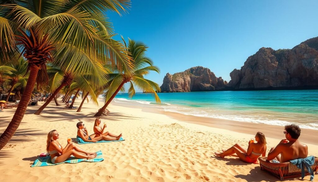A sun-drenched beach scene, the sand a soft golden hue, gently lapped by crystal clear turquoise waters. In the foreground, a group of sun-kissed beachgoers relax on colorful towels, sipping tropical drinks and soaking up the warmth. The middle ground features swaying palm trees, their fronds casting dappled shadows across the scene. In the distance, rugged cliffs rise up, their weathered faces painted in shades of ochre and sienna by the golden hour light. The overall mood is one of languid, carefree tranquility - the very essence of peak beach season. A sun-drenched beach scene, the sand a soft golden hue, gently lapped by crystal clear turquoise waters. In the foreground, a group of sun-kissed beachgoers relax on colorful towels, sipping tropical drinks and soaking up the warmth. The middle ground features swaying palm trees, their fronds casting dappled shadows across the scene. In the distance, rugged cliffs rise up, their weathered faces painted in shades of ochre and sienna by the golden hour light. The overall mood is one of languid, carefree tranquility - the very essence of peak beach season.