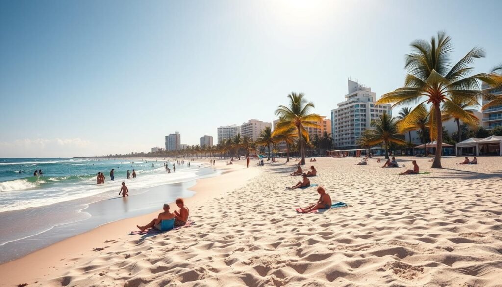 A sun-drenched beach scene with glistening sand and azure waves lapping at the shore. In the foreground, a group of people enjoy the warm weather, lounging on colorful beach towels or playing in the shallow water. Swaying palm trees line the middle ground, casting gentle shadows on the scene. In the distance, a picturesque skyline of pastel-colored buildings and high-rise hotels creates a vibrant backdrop. Soft, warm lighting illuminates the scene, capturing the essence of a perfect beach getaway. The atmosphere is one of relaxation and celebration, inviting the viewer to imagine themselves immersed in the laid-back charm of a coastal retreat. A sun-drenched beach scene with glistening sand and azure waves lapping at the shore. In the foreground, a group of people enjoy the warm weather, lounging on colorful beach towels or playing in the shallow water. Swaying palm trees line the middle ground, casting gentle shadows on the scene. In the distance, a picturesque skyline of pastel-colored buildings and high-rise hotels creates a vibrant backdrop. Soft, warm lighting illuminates the scene, capturing the essence of a perfect beach getaway. The atmosphere is one of relaxation and celebration, inviting the viewer to imagine themselves immersed in the laid-back charm of a coastal retreat.