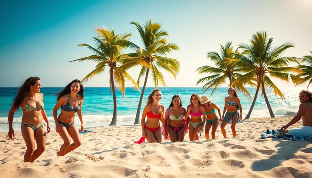 A sun-drenched beach, the waves gently lapping the shore. In the foreground, a group of young friends laugh and play, their bodies tanned and carefree. Vibrant swimwear and beach towels in vivid hues dot the scene. A middle ground of palm trees sway in the ocean breeze, casting dappled shadows over the sand. In the background, a stunning vista of azure waters meeting a cloudless sky, the horizon line blurred. Warm, golden light bathes the entire composition, creating a sense of joy and relaxation. The camera captures this moment with a wide, cinematic angle, inviting the viewer to join in the blissful, carefree atmosphere.