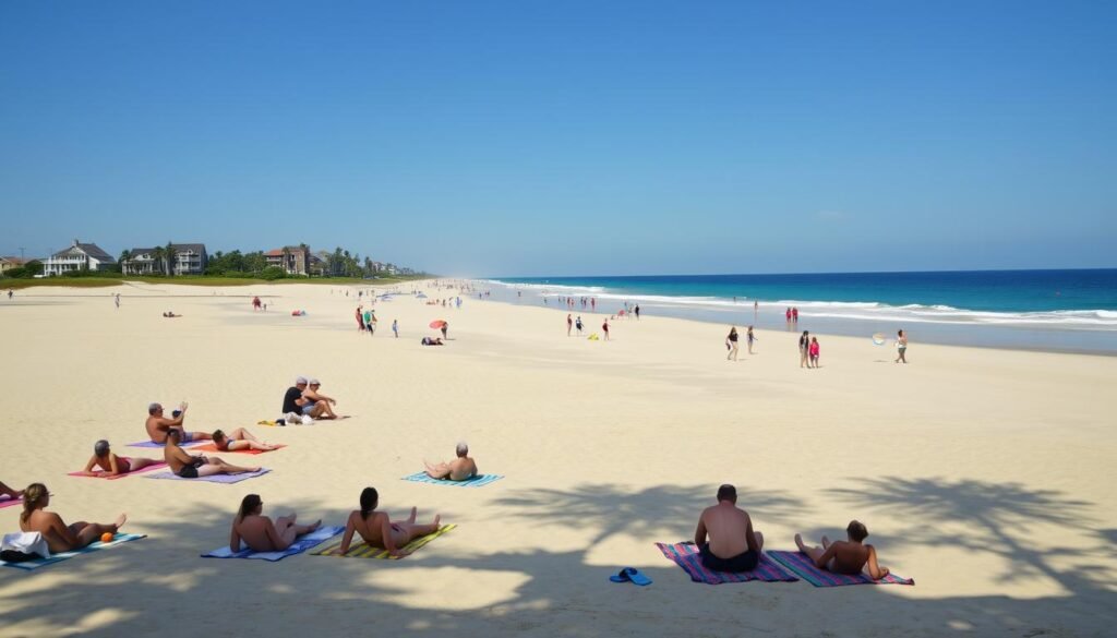 A sun-drenched beach with soft, golden sand stretching out towards the sparkling azure waters of the Atlantic Ocean. In the foreground, a group of people relaxing on colorful beach towels, soaking up the warmth of the sun. In the middle ground, families and friends engaged in playful activities, such as building sandcastles, tossing frisbees, and wading in the gentle surf. Towards the horizon, a line of picturesque beach houses and palm trees, casting long shadows across the scene. The overall atmosphere is one of tranquility and leisure, perfectly capturing the essence of a quintessential coastal getaway in Wilmington, North Carolina.