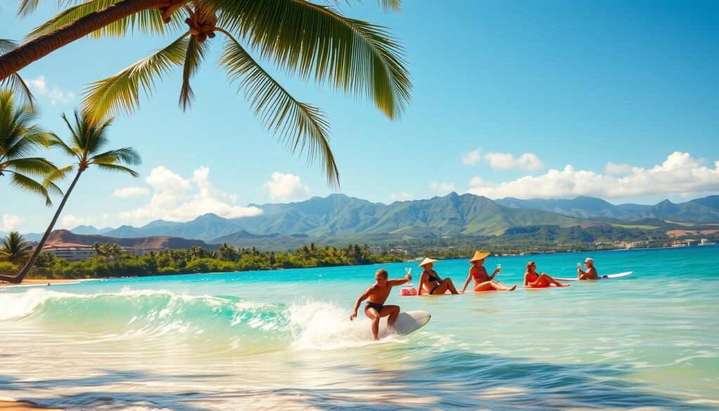 A sun-drenched beach with swaying palm trees, the warm turquoise waters of the Pacific lapping at the golden sand. In the foreground, a group of surfers catching the perfect wave, their tanned skin glistening as they carve through the curling swell. In the middle ground, beachgoers lounging on vibrant beach towels, sipping tropical cocktails and enjoying the balmy summer breeze. In the background, a lush, verdant landscape of rolling hills and distant volcanic peaks, bathed in a soft, golden glow. The scene exudes a palpable sense of relaxation and adventure, capturing the essence of Hawaii in the summer months. A sun-drenched beach with swaying palm trees, the warm turquoise waters of the Pacific lapping at the golden sand. In the foreground, a group of surfers catching the perfect wave, their tanned skin glistening as they carve through the curling swell. In the middle ground, beachgoers lounging on vibrant beach towels, sipping tropical cocktails and enjoying the balmy summer breeze. In the background, a lush, verdant landscape of rolling hills and distant volcanic peaks, bathed in a soft, golden glow. The scene exudes a palpable sense of relaxation and adventure, capturing the essence of Hawaii in the summer months.