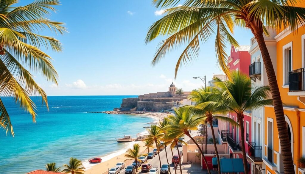 A sun-drenched coastal cityscape of San Juan, Puerto Rico, with vibrant Spanish colonial architecture lining the bustling streets. In the foreground, charming pastel-colored buildings and palm trees sway gently in the warm Caribbean breeze. The middle ground features the historic El Morro fortress, its stone walls and watchtowers standing tall against a cloudless azure sky. In the background, the sparkling azure waters of the Atlantic Ocean lap against the golden sandy beaches, inviting visitors to explore the island's natural beauty. The scene is illuminated by warm, golden sunlight, creating a sense of relaxation and leisure, perfectly capturing the essence of a dream Caribbean vacation. A sun-drenched coastal cityscape of San Juan, Puerto Rico, with vibrant Spanish colonial architecture lining the bustling streets. In the foreground, charming pastel-colored buildings and palm trees sway gently in the warm Caribbean breeze. The middle ground features the historic El Morro fortress, its stone walls and watchtowers standing tall against a cloudless azure sky. In the background, the sparkling azure waters of the Atlantic Ocean lap against the golden sandy beaches, inviting visitors to explore the island's natural beauty. The scene is illuminated by warm, golden sunlight, creating a sense of relaxation and leisure, perfectly capturing the essence of a dream Caribbean vacation.