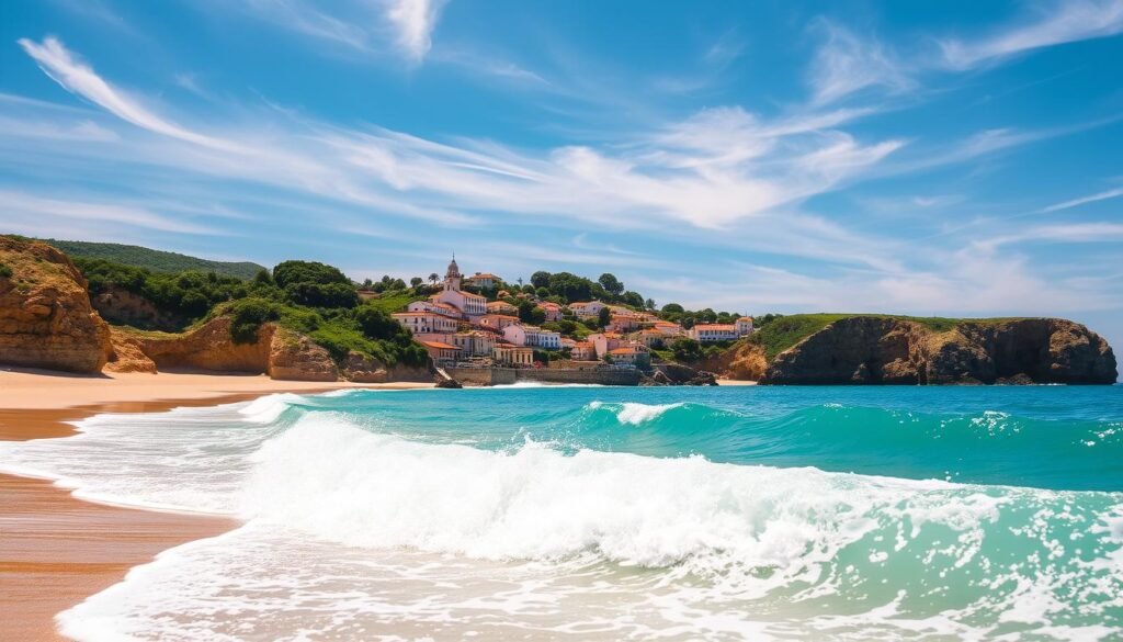 A sun-drenched coastal landscape in Portugal, featuring a gently curving sandy beach bordered by rugged cliffs. In the foreground, vibrant turquoise waves crash against the shore, their movement captured with a shallow depth of field. The middle ground showcases a picturesque seaside village, its whitewashed buildings and terracotta roofs nestled among lush, verdant foliage. In the background, a clear azure sky is dotted with wispy clouds, casting a warm, golden glow over the entire scene. The composition emphasizes the serene, tranquil atmosphere, inviting the viewer to bask in the beauty of Portugal's stunning coastline during the best time of year for weather, beaches, and sunshine.