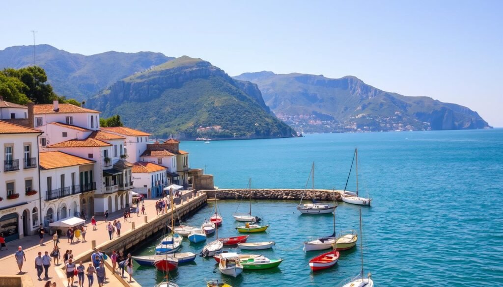 A sun-drenched coastal town in Basque Country, Spain. In the foreground, colorful fishing boats bob gently in the azure waters of the harbor. Locals and tourists alike stroll along the charming seaside promenade, taking in the salty air and scenic views. Whitewashed buildings with red-tiled roofs line the hillsides, their facades adorned with window boxes and wrought-iron balconies. Towering cliffs and lush, verdant mountains rise up in the distance, creating a dramatic backdrop to this picturesque Basque setting. Warm, diffused lighting bathes the scene, evoking a sense of tranquility and timeless beauty. A sun-drenched coastal town in Basque Country, Spain. In the foreground, colorful fishing boats bob gently in the azure waters of the harbor. Locals and tourists alike stroll along the charming seaside promenade, taking in the salty air and scenic views. Whitewashed buildings with red-tiled roofs line the hillsides, their facades adorned with window boxes and wrought-iron balconies. Towering cliffs and lush, verdant mountains rise up in the distance, creating a dramatic backdrop to this picturesque Basque setting. Warm, diffused lighting bathes the scene, evoking a sense of tranquility and timeless beauty.