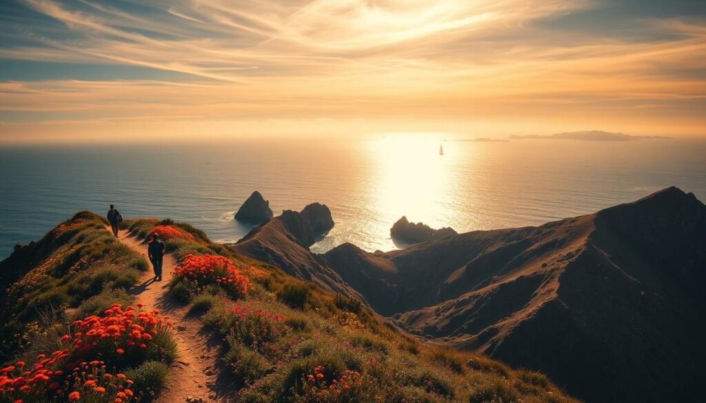 A sun-drenched coastal trail winds along rugged cliffs, offering panoramic views of the Pacific Ocean. In the foreground, hikers traverse a winding path lined with vibrant wildflowers and native vegetation. The middle ground features dramatic rock formations and secluded coves, while the distant horizon is dotted with sailboats and islands. Warm, golden light filters through wispy clouds, casting a serene, tranquil atmosphere over the entire scene. The image captures the essence of outdoor adventure and natural beauty that defines San Diego's iconic Torrey Pines and Sunset Cliffs regions. A sun-drenched coastal trail winds along rugged cliffs, offering panoramic views of the Pacific Ocean. In the foreground, hikers traverse a winding path lined with vibrant wildflowers and native vegetation. The middle ground features dramatic rock formations and secluded coves, while the distant horizon is dotted with sailboats and islands. Warm, golden light filters through wispy clouds, casting a serene, tranquil atmosphere over the entire scene. The image captures the essence of outdoor adventure and natural beauty that defines San Diego's iconic Torrey Pines and Sunset Cliffs regions.