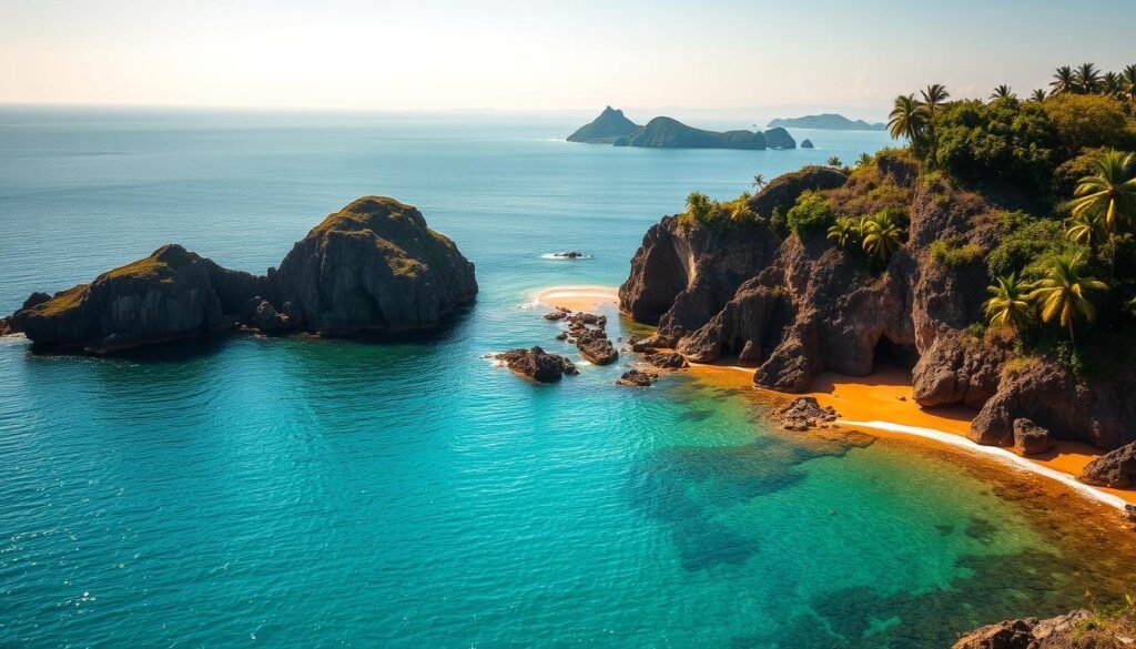 A sun-drenched coastline on the island of Bali, Indonesia. In the foreground, a tranquil cove with crystal-clear turquoise waters lapping against a golden sandy beach. Rugged cliffs rise in the middle ground, their rocky faces softened by lush tropical foliage. In the distance, the horizon is dotted with verdant islands, their silhouettes hazy under the warm, hazy light of the afternoon sun. The scene exudes a sense of serene beauty, inviting the viewer to imagine the gentle sea breeze and the sound of the waves. The composition captures the essence of Bali's coastal region, a stark contrast to the lush jungle interiors and the resort-centric Bukit and Nusa Dua areas. A sun-drenched coastline on the island of Bali, Indonesia. In the foreground, a tranquil cove with crystal-clear turquoise waters lapping against a golden sandy beach. Rugged cliffs rise in the middle ground, their rocky faces softened by lush tropical foliage. In the distance, the horizon is dotted with verdant islands, their silhouettes hazy under the warm, hazy light of the afternoon sun. The scene exudes a sense of serene beauty, inviting the viewer to imagine the gentle sea breeze and the sound of the waves. The composition captures the essence of Bali's coastal region, a stark contrast to the lush jungle interiors and the resort-centric Bukit and Nusa Dua areas.