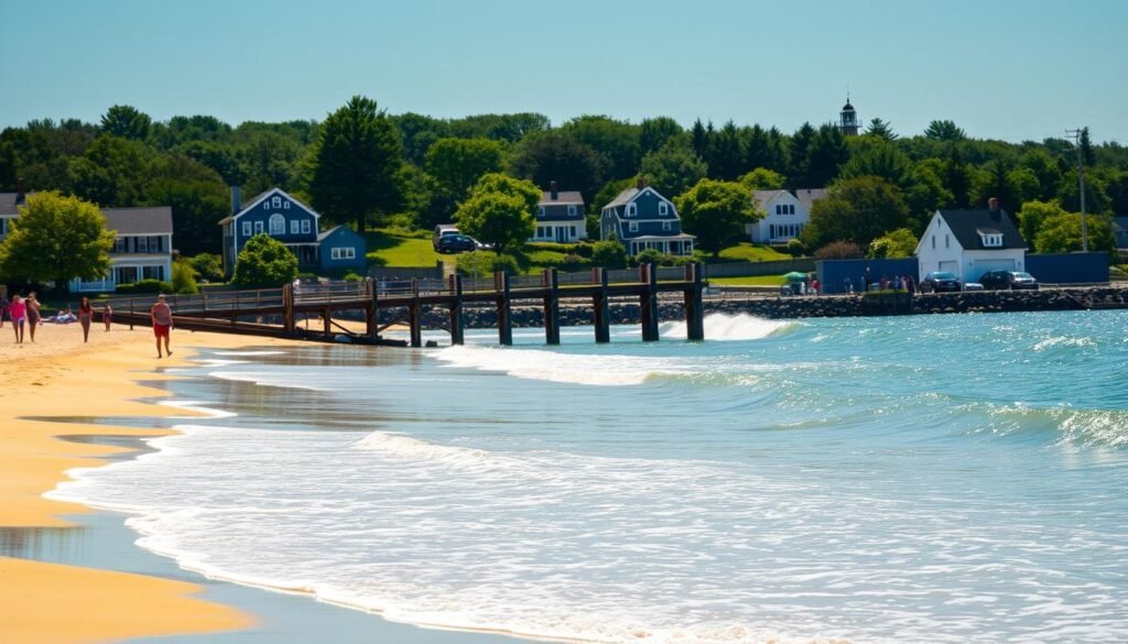A sun-drenched day on the picturesque Kennebunkport beaches. In the foreground, waves gently lap against the golden sand, while beachgoers stroll along the shoreline, taking in the serene atmosphere. In the middle ground, a historic wooden dock juts out into the sparkling ocean, its weathered planks and pylons a testament to the town's maritime heritage. In the background, lush green trees and charming New England architecture frame the scene, creating a quintessential coastal Maine landscape. The lighting is soft and natural, casting a warm, inviting glow over the entire setting. A wide-angle lens captures the expansive vista, showcasing the breathtaking beauty of this beloved seaside destination. A sun-drenched day on the picturesque Kennebunkport beaches. In the foreground, waves gently lap against the golden sand, while beachgoers stroll along the shoreline, taking in the serene atmosphere. In the middle ground, a historic wooden dock juts out into the sparkling ocean, its weathered planks and pylons a testament to the town's maritime heritage. In the background, lush green trees and charming New England architecture frame the scene, creating a quintessential coastal Maine landscape. The lighting is soft and natural, casting a warm, inviting glow over the entire setting. A wide-angle lens captures the expansive vista, showcasing the breathtaking beauty of this beloved seaside destination.