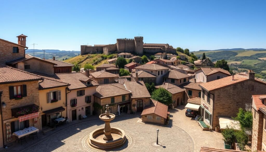 A sun-drenched hilltop village nestled in the rolling hills of the European countryside. Charming stone cottages with terracotta roofs and flower-filled window boxes line winding cobblestone streets. In the foreground, a quaint town square with a centuries-old fountain, surrounded by local cafes and artisan shops. Further back, a medieval castle rises up on the horizon, its turrets and ramparts silhouetted against a clear blue sky. Warm Mediterranean light bathes the scene, casting long shadows and creating a sense of timeless tranquility. This hidden gem, off the beaten path, beckons travelers to discover its unique charms and immerse themselves in the authentic spirit of Europe. A sun-drenched hilltop village nestled in the rolling hills of the European countryside. Charming stone cottages with terracotta roofs and flower-filled window boxes line winding cobblestone streets. In the foreground, a quaint town square with a centuries-old fountain, surrounded by local cafes and artisan shops. Further back, a medieval castle rises up on the horizon, its turrets and ramparts silhouetted against a clear blue sky. Warm Mediterranean light bathes the scene, casting long shadows and creating a sense of timeless tranquility. This hidden gem, off the beaten path, beckons travelers to discover its unique charms and immerse themselves in the authentic spirit of Europe.