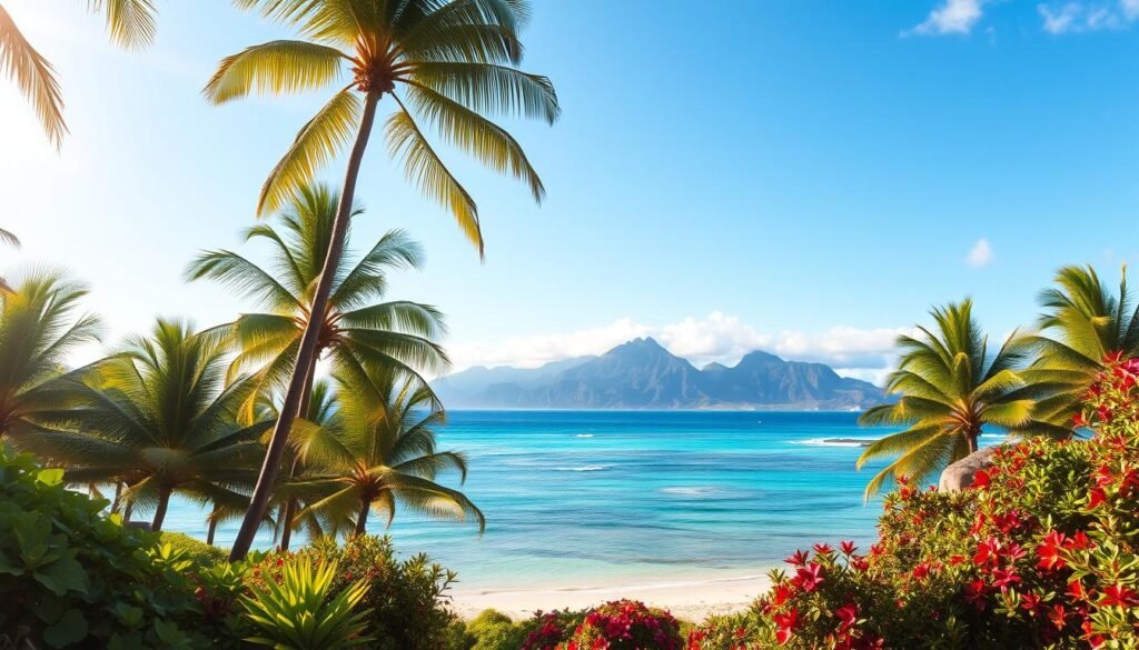 A sun-drenched island paradise, lush with verdant palm trees swaying in the gentle breeze. Crystal clear turquoise waters lap against pristine white sand beaches, inviting visitors to bask in the warmth of the Hawaiian sun. In the distance, majestic volcanic peaks rise up, their jagged silhouettes casting long shadows over the lush tropical foliage. A vibrant array of colorful native flora adorns the landscape, creating a serene and picturesque scene. Soft, diffused lighting filters through wispy clouds, casting a warm, golden glow over the entire island setting. The atmosphere is one of tranquility and relaxation, perfectly capturing the essence of the Hawaiian islands. A sun-drenched island paradise, lush with verdant palm trees swaying in the gentle breeze. Crystal clear turquoise waters lap against pristine white sand beaches, inviting visitors to bask in the warmth of the Hawaiian sun. In the distance, majestic volcanic peaks rise up, their jagged silhouettes casting long shadows over the lush tropical foliage. A vibrant array of colorful native flora adorns the landscape, creating a serene and picturesque scene. Soft, diffused lighting filters through wispy clouds, casting a warm, golden glow over the entire island setting. The atmosphere is one of tranquility and relaxation, perfectly capturing the essence of the Hawaiian islands.